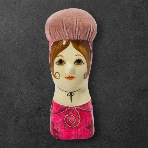 Vintage Papier-Mâché Lady Head Pin Cushion, Gemma Taccogna Style, 8" Pink MCM - Picture 2 of 12
